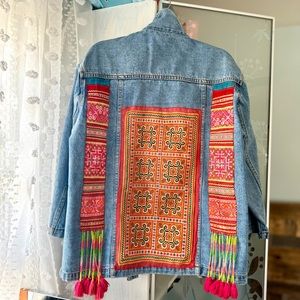 Handmade embellished Jean jacket with vintage Turkish kilim fabrics